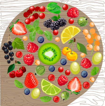 A mix of edible mint leaves in the shape of a circle, against a background of a board and a shadow from themのイラスト素材