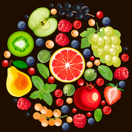 Mix of edible berries, cut grapefruit, pears, grapes, currants, gooseberries, raspberries, blueberries, apples and mint leaves in the shape of a circle, on a black backgroundのイラスト素材