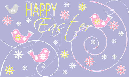 Easter card with white curls, stylized colorful birds, with the inscription Easterのイラスト素材