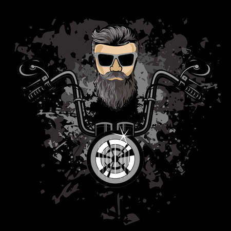 The handlebars of the motorcycle. Biker head with beard. hairstyle and black glasses. On a black background, gray splashesのイラスト素材