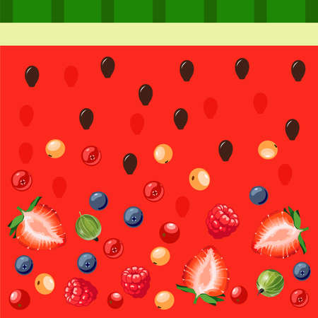 mix of berries on a background of watermelon pulp. Strawberries, blueberries, gooseberries and berries are poured on top. Vitamin cocktailのイラスト素材