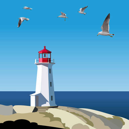 There is a white lighthouse on the seashore and stones, and seagulls are flying in the sky, a view into the distance, a blue skyのイラスト素材