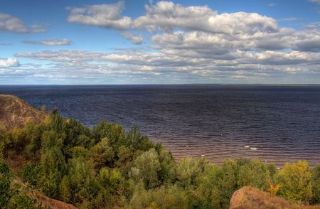Bank of a river during early autumn. Kiev water-storage basin on Dnieper, Ukraineの写真素材