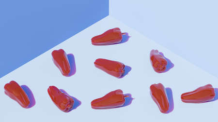 3d rendered glossy peppers on blue backgroundの写真素材