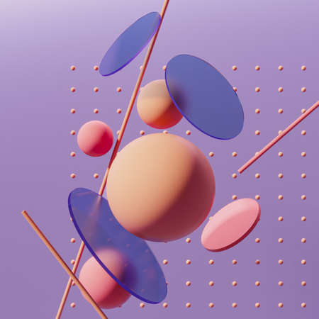 3d rendered composition of simple geometric shapes in purple, red and blue colorの写真素材