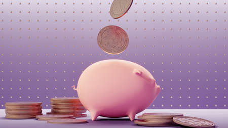 3d rendered pink piggy bank for golden bitcoins on purple backgroundの写真素材