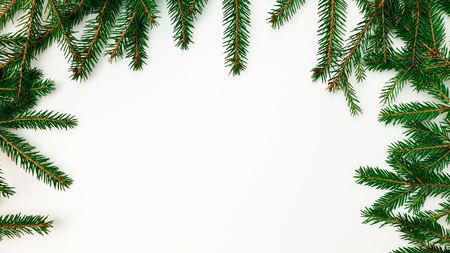 Branches of a Christmas tree border on one side on three sides on a white background, empty space, free space for text, insertの写真素材