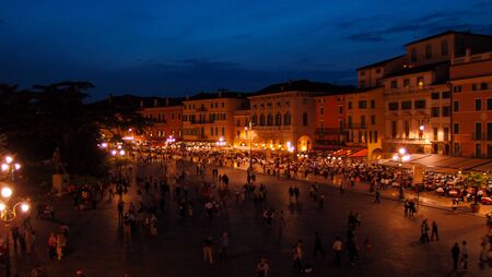 Verona, Italy - September 2, 2012: Colorful top view of the square in front of the Arena at night in the light of lanternsのeditorial素材