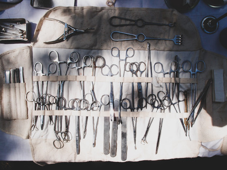 Portable set of vintage surgical instruments from the Second World War.の写真素材