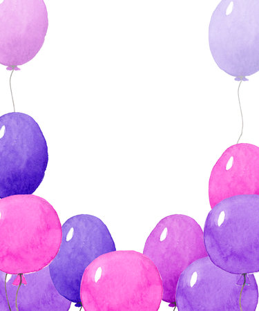 Watercolor balloon frame purple. Watercolor balloon greeting card. balloons isolated on white background. hand drawn greeting elements illustration.の写真素材