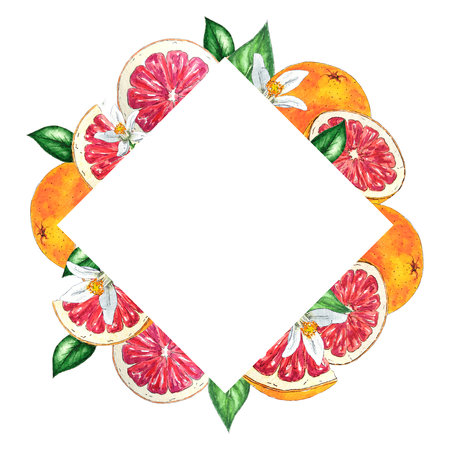 Watercolor frame of red oranges, flowers and leaves hand-painted in botanical style, for use in holiday, wedding and food design. Citrus tropical fruit border for cardの写真素材