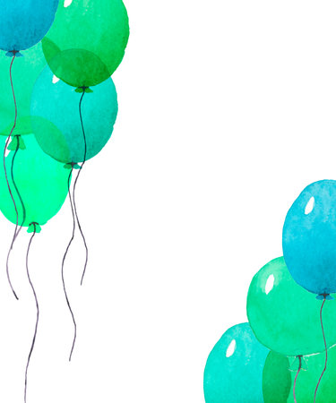 Watercolor frame of colorful balloons hand-painted for holiday and wedding cards. A border of emerald, yellow, green and lettuce balloons isolated on a white backgroundの写真素材