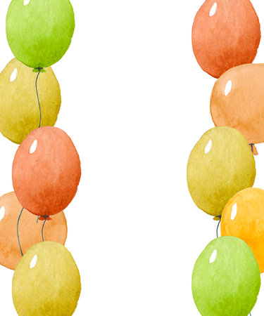 Watercolor frame of colorful balloons hand-painted for holiday and wedding cards. Red, yellow and orange balloons border isolated on white backgroundの写真素材