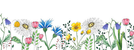 Watercolor wildflower frame hand-painted in botanical style for holiday and wedding cards. A border of red, yellow and blue flowers isolated on a white backgroundの写真素材