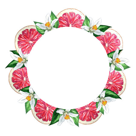 Watercolor frame of red oranges and grapefruit, flowers, leaves, hand-painted in botanical style, for use in holiday, wedding and food design. Citrus tropical fruit frame for cardの写真素材