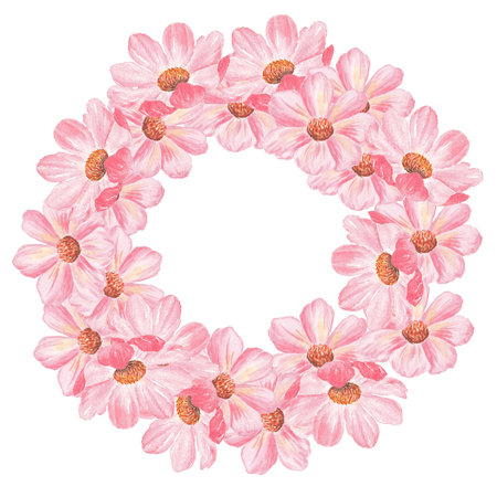 Watercolor flower frame isolated illustration. Hand-painted wreath in botanical style on white background for use in wedding, holiday and delicate designs and in package decorの写真素材