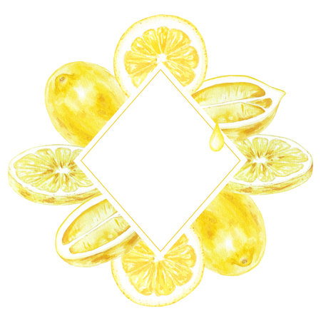 Watercolor frame of lemons, flowers and leaves hand-painted in botanical style, for use in holiday, wedding and food design. Background of citrus tropical fruits to decorateの写真素材