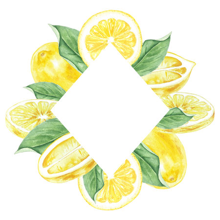 Watercolor frame of lemons and leaves hand-painted in botanical style, for use in holidayの写真素材
