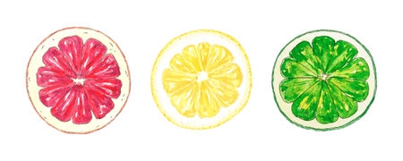 Watercolor lemon, grapefruit, lime slices hand-painted in botanical style for use in holiday, wedding, logo and food design. Isolated citrus tropical fruits, slice, seedsの写真素材