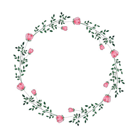 Watercolor frame with wildflowers, hand-painted in botanical style for holiday and wedding cards. Wreath of pink flowers and leaves isolated on white background. Logotype of bloomの写真素材
