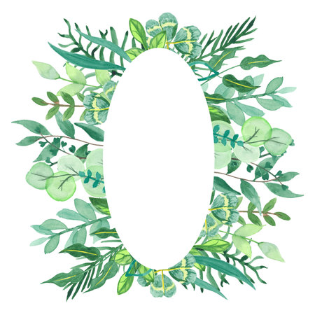 Watercolor frame of hand-drawn herbs and greens leaves for use in wedding, holiday and decorative design, creation. Illustrations greenery isolated on white backgroundsの写真素材