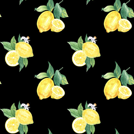 Watercolor seamless pattern lemon slices, leaves on black background, hand-painted in botanical style, for holiday, wedding, food design. A citrus, tropical fruitの写真素材