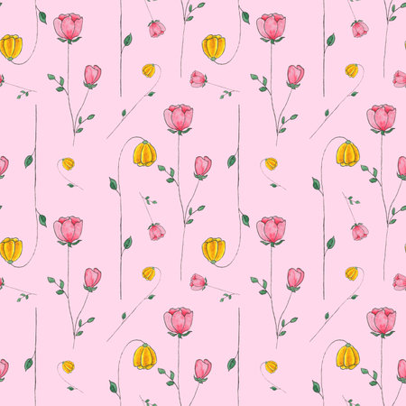 Watercolor seamless pattern pink rose and bell yellow flowers on pink background, hand-painted in botanical style, for holiday, wedding design. Digital paper pack for decoratingの写真素材