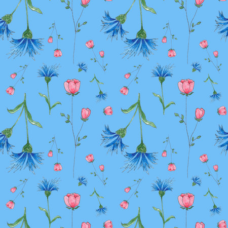 Watercolor seamless pattern pink rose and cornflower flowers on blue background, hand-painted in botanical style, for holiday, wedding design. Digital paper pack for decoratingの写真素材