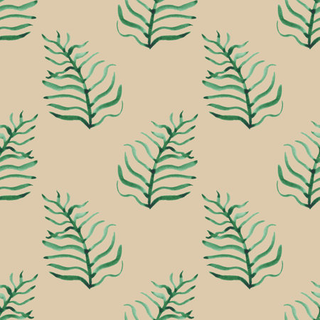 watercolor illustration. Seamless pattern. Greenery, leaves on a beige background, hand-painted in botanical style. For fabric, textiles, wallpaper, covers, prints, packaging, paper, scrapbookingの写真素材