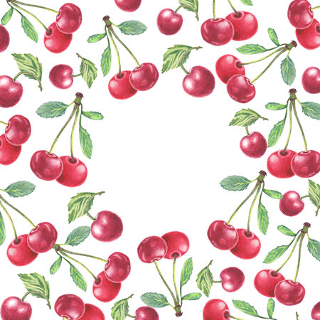 Watercolor illustration hand drawn in botanical style. Frame of cherry fruit, green leaves on white background for creating cards, invitations, postcard. Holiday spring floralの写真素材