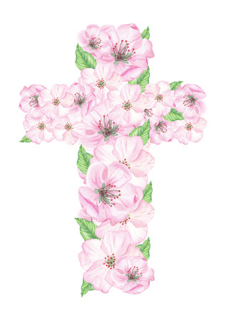 Cross with watercolor flowers is ideal for Easter, First Communion, the Baptism of the Lord and an invitation to Baptism. Watercolor isolated illustration on a white backgroundの写真素材