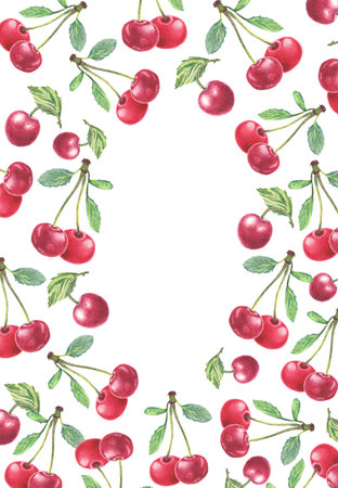 Watercolor illustration hand drawn in botanical style. Frame of cherry fruit, green leaves on white background for creating cards, invitations, postcard. Holiday spring floralの写真素材