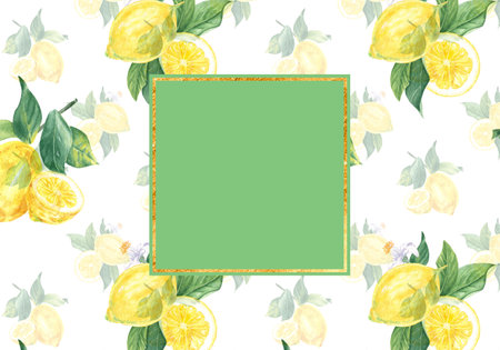 Watercolor illustration frame of lemons, leaves and flowers, hand drawn in botanical style. For wedding invitations, cards, wallpapers, trendy posters, backgrounds, menu cardsの写真素材