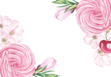 Watercolor frame of cherry marshmallow. Illustration of cherry fruit, leaves, cake, pink flowers on white background for creating cards, invitations, postcard. Flowers dessert menuの写真素材