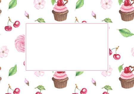 Watercolor frame of cherry cake in botanical style. Illustration of cherry fruit, leaves, cupcake, pink flowers on white background for creating cards, invitations, postcard. Berryの写真素材