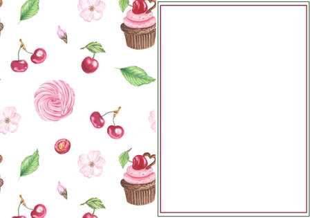 Watercolor frame of cherry cake in botanical style. Illustration of cherry fruit, leaves, cupcake, pink flowers on white background for creating cards, invitations, postcard. Berryの写真素材