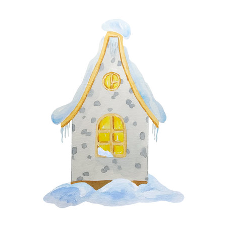 House country winter illustration in watercolor. Hand drawn as a landscape element for use in creating patterns, printing on interior items, dishes. Wooden dwelling, building snowの写真素材