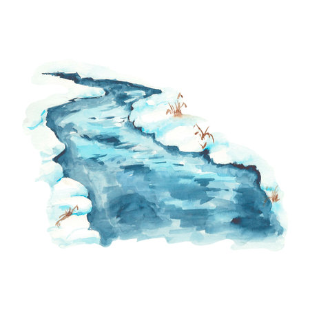 River with banks in snow and grass watercolor illustration hand drawn. Stream with blue water. Isolated illustration for creating seasonal landscape, posters.The blue surface lake.の写真素材