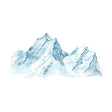 Mountains in snow watercolor hand painted. Snowy peaks of mountains on horizon. Monochrome blue background. Silhouettes of peaks isolated illustration for creating landscapeの写真素材
