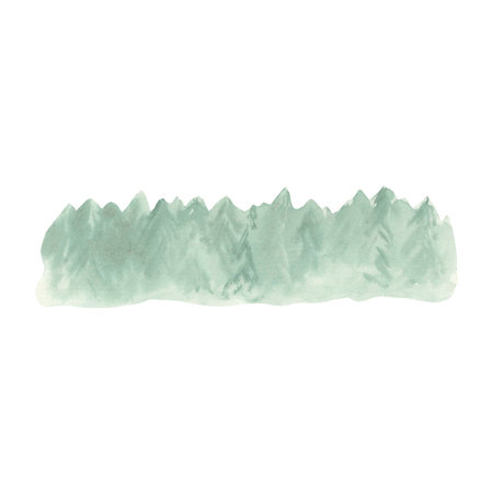 Spruce or pine forest watercolor illustration hand drawn. Nature in the forest, snow-covered fir tree. Isolated illustration for creating seasonal landscape, posters, scenes, cardsの写真素材