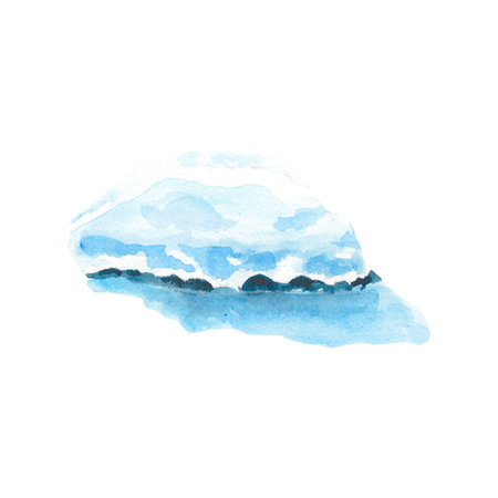 Mountains in snow watercolor hand painted. Snowy peaks of mountains on horizon. Monochrome blue background. Silhouettes of peaks isolated illustration for creating landscapeの写真素材