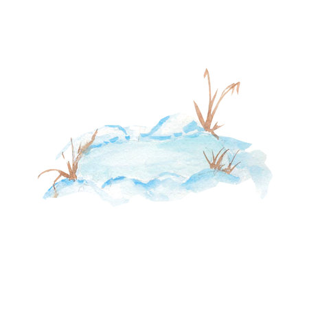 Snow watercolor hand painted. Snowdrift with dry grass. Snowy peaks mountains on horizon. Monochrome blue background. Silhouettes of peaks isolated illustration for creatingの写真素材