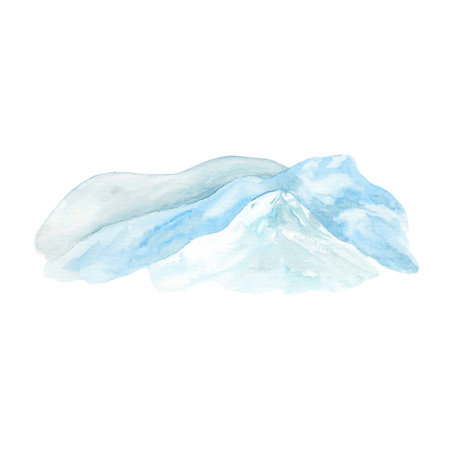 Mountains watercolor in snow hand painted. Snowy peaks of mountains on horizon. Monochrome blue background. Silhouettes of peaks isolated illustration for creating landscapeの写真素材