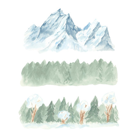 Mountains, forest clipart in snow watercolor hand painted. Snowy mountain peaks. Monochrome blue, green background. Silhouettes of peaks isolated illustration for creating landscape, backgroundの写真素材