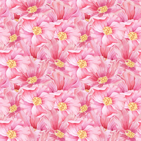 Pink wild rose seamless pattern with flower, bud watercolor illustration on white. Rosehip flowers print hand drawn botanical sketch for printing on wallpaper, textile, tableware, wrapping paperの写真素材