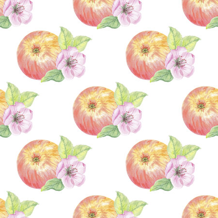 Apple flowers seamless pattern watercolor hand drawn. Red yellow, pink fruit, green leaves print on...