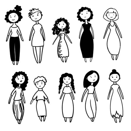 cute simple girls. stylish happy persons. different hairstyles and dressesのイラスト素材