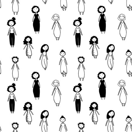cute simple girls. stylish happy persons. different hairstyles and dresses. funny charactersのイラスト素材