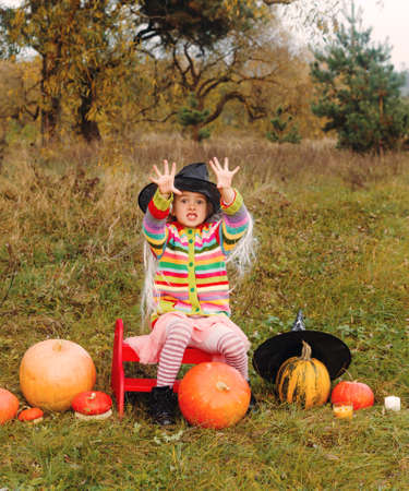 an evil girl is sitting in a meadow among a large and small pumpkin in a large wizard's hat and is engaged in witchcraft.Halloweenの写真素材