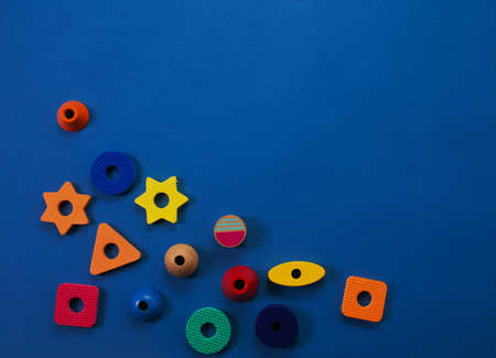 Colorful frame of toys for children on a blue backgroundの写真素材